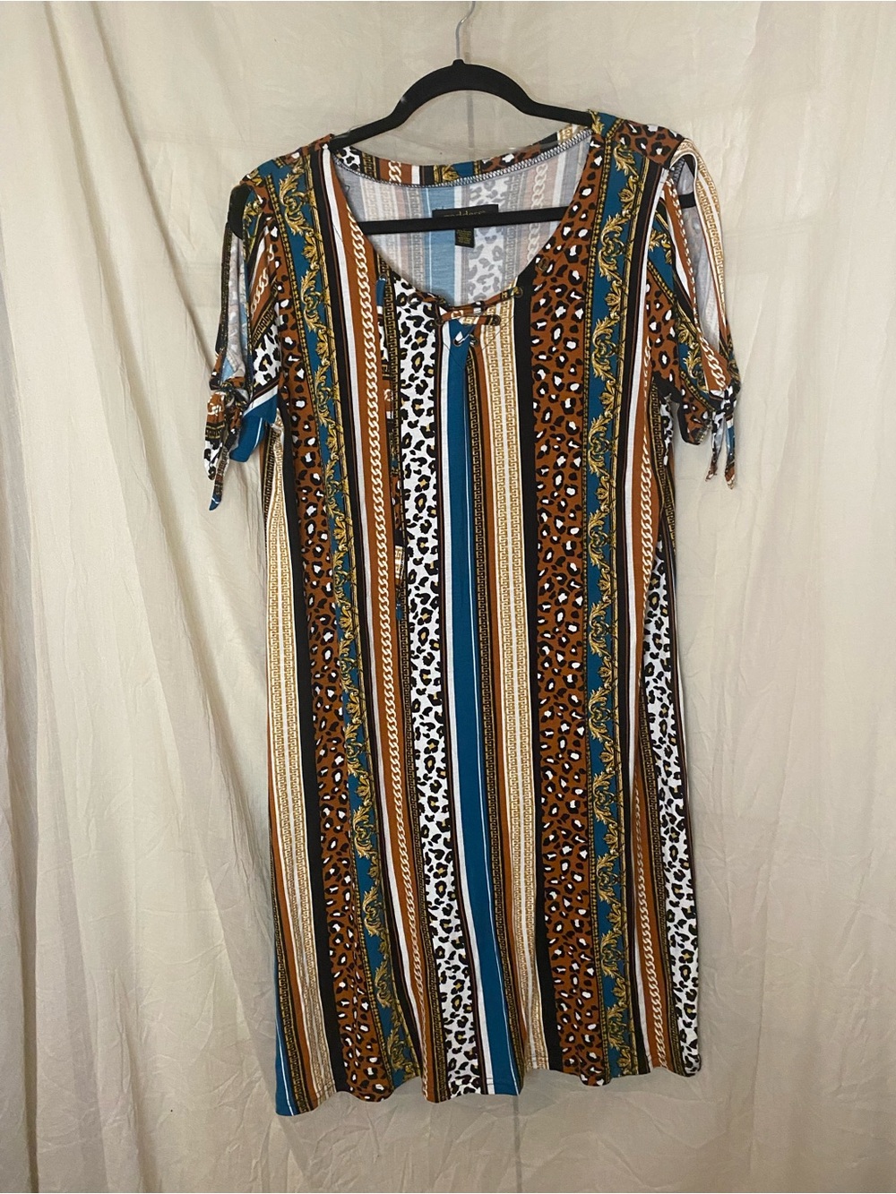 Goddess midi length shift dress cold shoulder multicolor pattern size Large